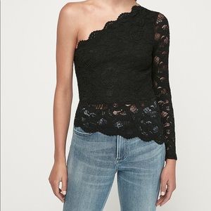 LACE ASYMMETRICAL ONE SLEEVE TOP IN BLACK SIZE S